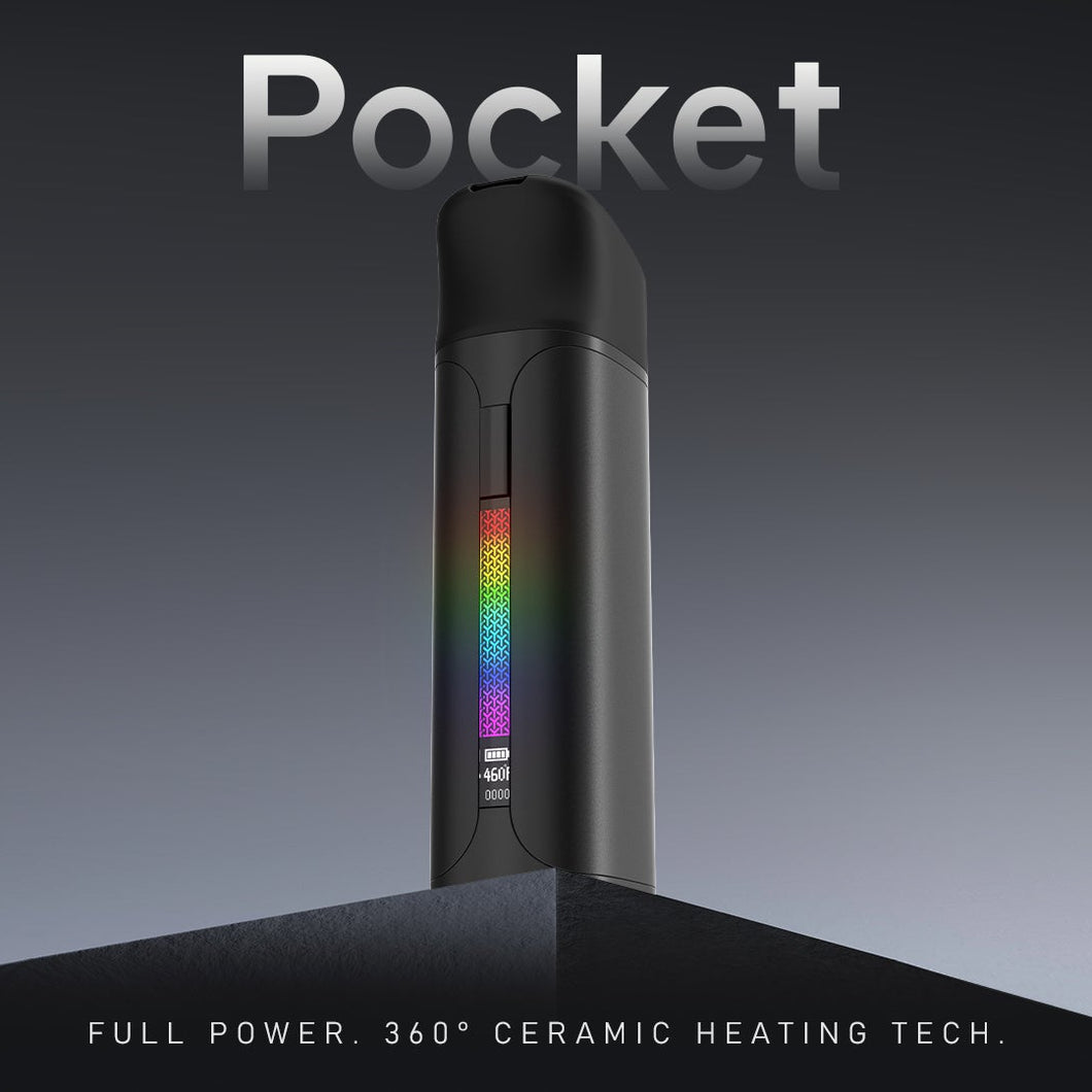 Yocan Pocket vape device with rainbow display on a gray background