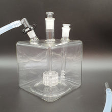 Load image into Gallery viewer, Mega Cube Matrix Bubbler 14mm with whip, downstem and stoppers all installed for demonstration. One stopper would need removing here to add a vape!
